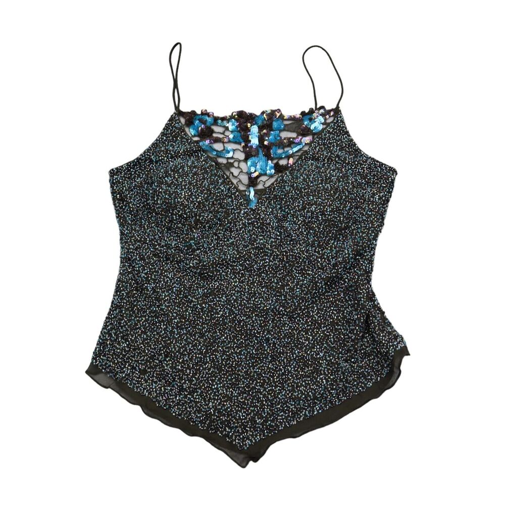 Marcelane Shirt Womens 8 Black Sequin V Neck Spaghetti Strap Padded Bra Tank Top